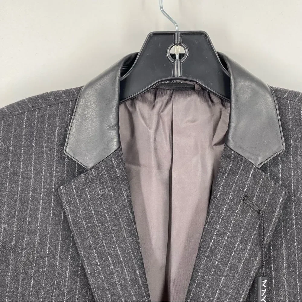 Marc New York Men’s Gray Pin Striped Faux Leather Collard Elbow Patch Blazer 42L